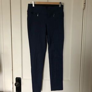 Navy pull on skinny stretchy dress pants, ankle